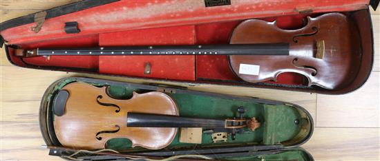 One string violin and German violin, bow and case